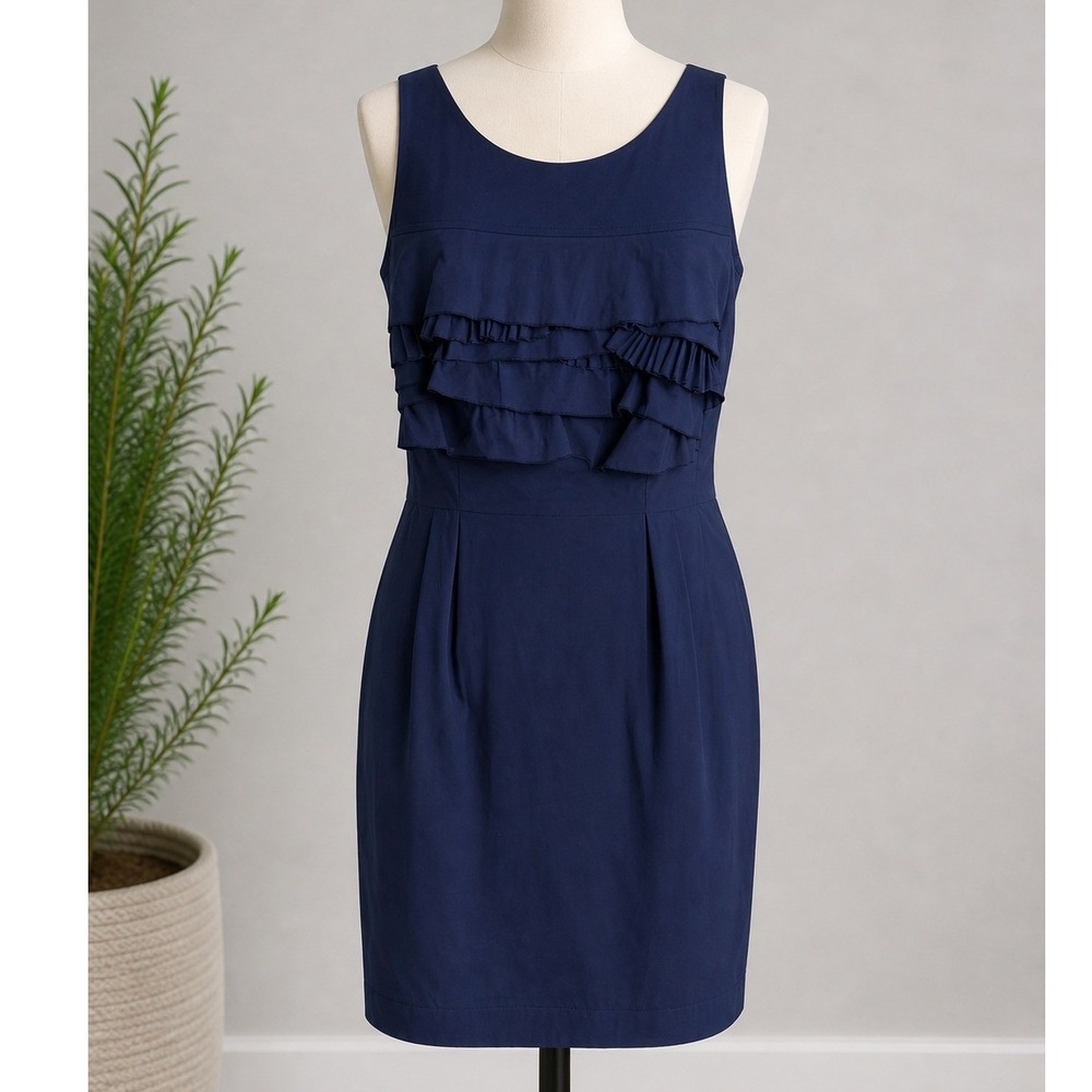 BCBGMAXAZRIA Navy Blue Ruffle Tiered Cocktail Dress Sleeveless Cottage Parisian